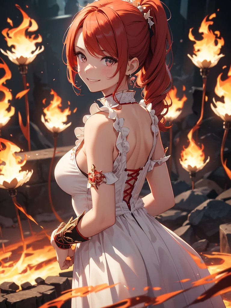 (((best quality, sharp image, clear image, cinematic lighting, 8k resolution, masterpiece, ultra detailed, intricate))) Girl, (((looking over left shoulder))), (shot from behind), ((shot from hip up)), fiery red hair, pigtails, ((white dress)), ((flaming sigils, flaming runes)), spiky rock formations, (flaming lotus flowers frame), (intricate background), ((Phoenix)), (swirling flames), smiling