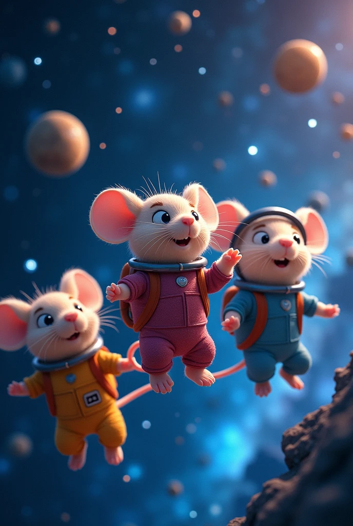 Generate a group of animated mice in space watching outer space