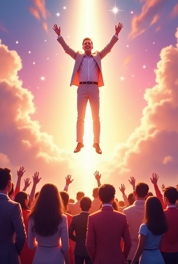 Create an image with Silvio Santos in the center of the image,as if ascending to heaven, and below it all the characters, Atores, actresses, well-known SBT presenters