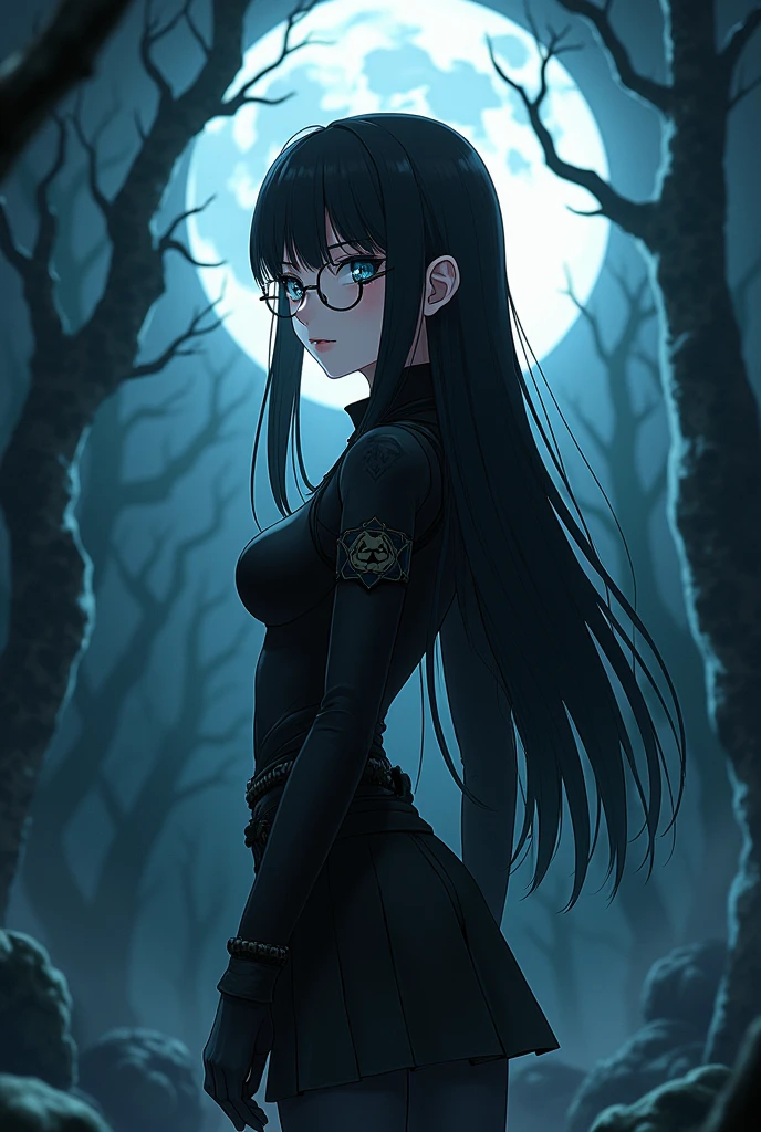 Create a Hashira from Demon Slayer, 20 years old, de 1,65 inches tall and busty, pale white skin, long straight black hair with no bangs , black eyes, He wears round glasses and black clothes. 