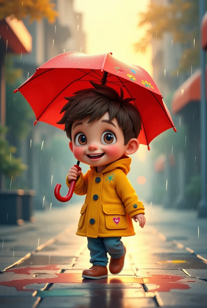 Cartoon ai Rainy evening sunlight boy walking with umbrella