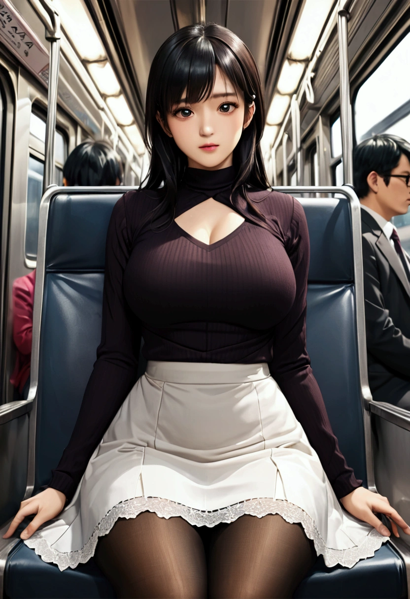 ((Highest quality,High resolution,Very detailed)), (Sharp details, Depth of written boundary), real photo style, Mature women, ((Sit facing forward)), Sitting on a long seat in a train, Sitting on a sheet in a commemorative photo pose, ((Chair to sit under skirt)), Composition seen from the seat opposite, Inside a commuter train, The back of the woman's head is against the window glass., Slightly low-angle shot, ((Holding down the skirt hem with her hand)), Summer knit dress with a chest cutout, Detailed and refined facial features, Confused expression, Black Hair, Japanese women, dark brown eyes, Double eyelids, , Lace material white sexy panty over pantyhose, Thighs in pantyhose。