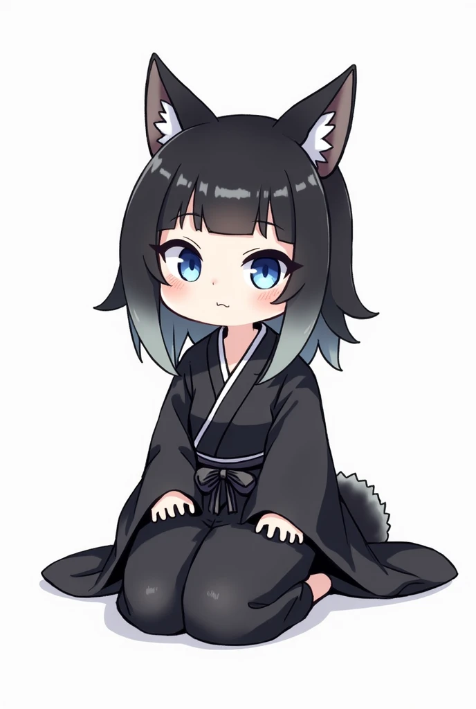 gender: 
Eye color:Blue Eyes Hairstyle:mullet hairstyle hair color:Black hair with a light silver ombre, giving off an [atmosphere] vibe.:Cool clothes:Black and silver kimono style:Cute illustration system:Sitting on the ground background:Plain white