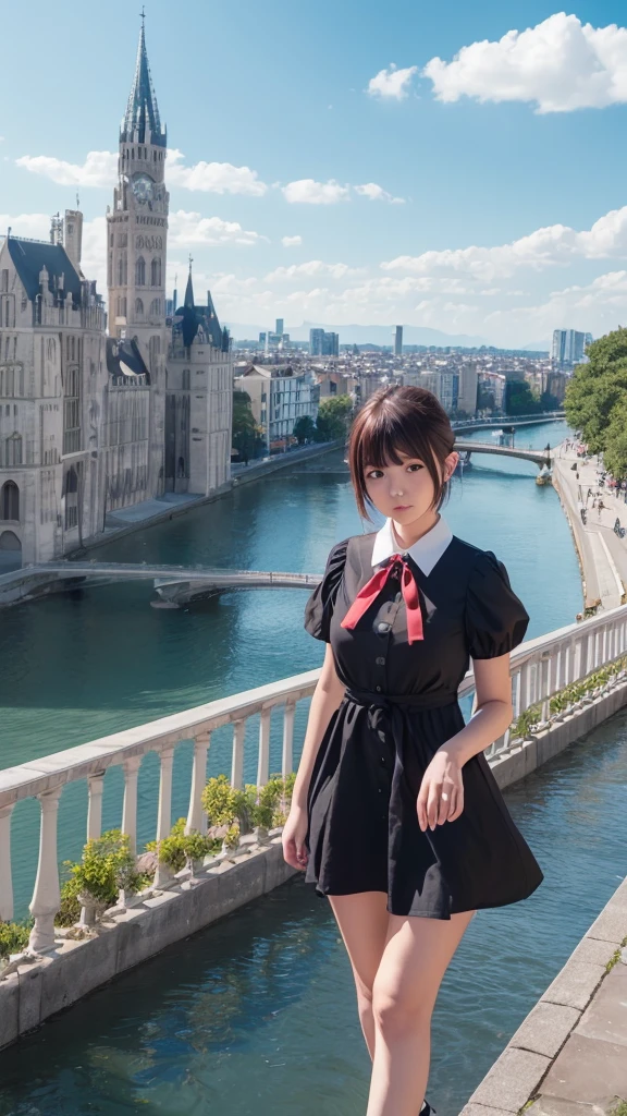 1girl,bangs,naked,black_hair,blue_sky,bridge,building,castle,city,cityscape,cloud,day,dress,looking_at_viewer,outdoors,red_neckwear,red_ribbon,ribbon,river,short_hair,short_sleeves,sky,skyscraper,solo,standing,town,water,(masterpiece,anime,newest,new,exceptional:1.2),