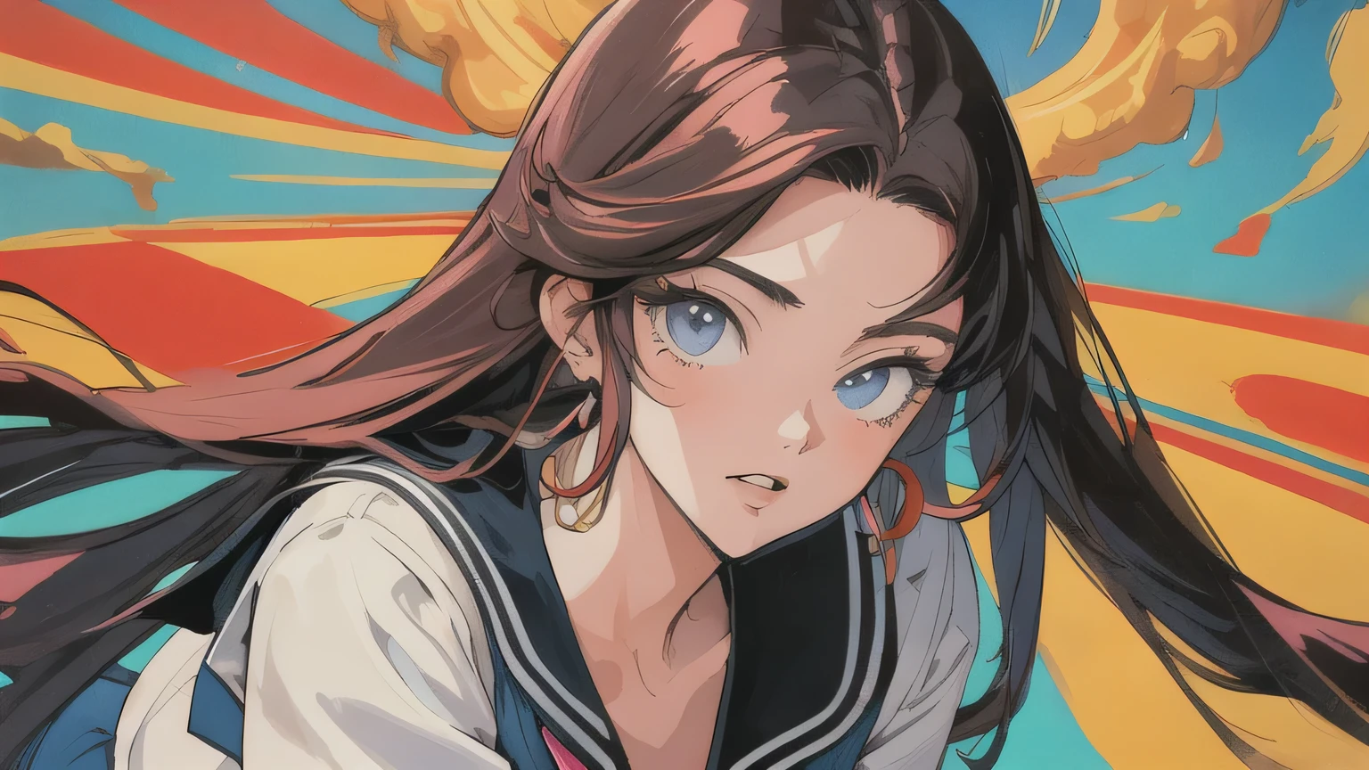 (masterpiece, Highest quality), 80s anime style, long hair girl, Sailor suit, High contrast