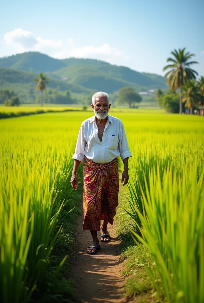 Create an image of a brown old man walking in rice fields happyly wearing lungi and white shirt