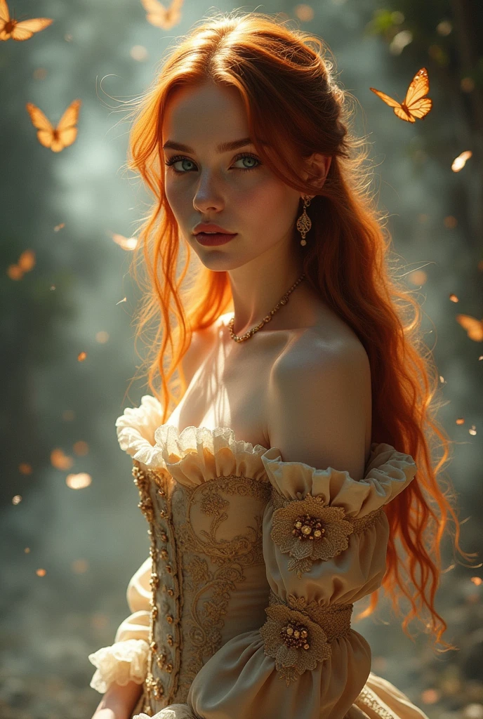 (solo, full body photo:1.3), (action packed:1.3), (haze, fog, mist:1.3), chiaroscuro, best quality, photorealistic, 1woman, (cute), (24yo:1.2), redhead, long ginger hair highly detailed, 1700'S, digital photography, art by artgerm and ruan jia and greg rutkowski surreal painting gold butterfly filigree, broken glass, (masterpiece, sidelighting, finely detailed Fashionable eyes: 1.2) (perfect oval large eyes that gazes at the viewer), beautiful detailed face, blue gorgeous perfect eyes, (blonde hair ponytail), (attractive young woman:1.3), (thick amazing hair), (seductive:1.1), (blushing:1.1)