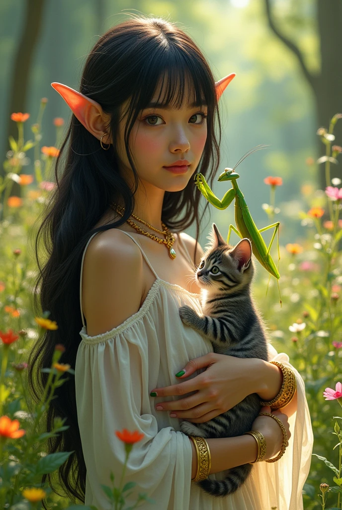 young woman, with black hair, long, with a fringe and thick bangs, with a white bohemian dress with bare shoulders, with a green praying mantis perched on her shoulder, elf ears and golden bracelets, with her nails painted green, standing in a forest with flowers while beautiful rays of sunlight enter and illuminate her hair, petting a small gray kitten with black stripes