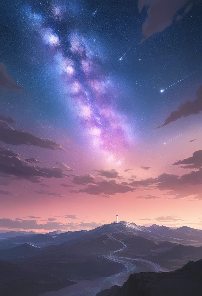 Masterpiece, best quality, very aesthetic, scenery, no humans, pink sky, stars, milky way, clouds, night, night scenery  