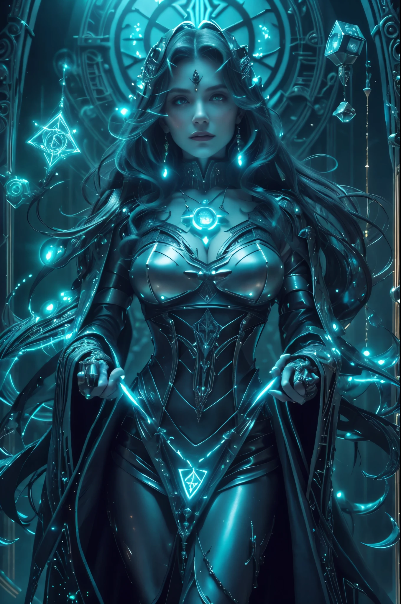 create a scene that depicts a modern-day witch who has embraced the world of cybernetics to enhance her magical abilities. The artwork should convey the enchanting blend of traditional witchcraft and futuristic technology. Here are some specific elements to include:
The Witch's Lair: The setting should be a cozy yet slightly eerie room, filled with magical books, crystal balls, potion ingredients, and antique furnishings. The room should be dimly lit by candles and a soft, mystical glow emanating from her cybernetic enhancements.
The Cyborg Witch: The central focus of the artwork is the witch herself. She's a striking figure with a mix of traditional witch attire and cybernetic enhancements. Her clothing should have a witchy, occult aesthetic, with flowing robes, a pointed hat, and an intricate pentagram necklace. Her arms, however, have been upgraded with cybernetic components that incorporate magical symbols and glowing runes.
Magical Interface: The witch is in the midst of casting a spell, with a holographic, touch-screen interface floating before her. This interface includes spell incantations, arcane symbols, and digital components, demonstrating her fusion of magic and technology.
Spell Ingredients: On a nearby table, there should be a collection of spell ingredients, like herbs, potions, and magical artifacts. Some of these items may have been modified with cybernetic enhancements, blurring the line between the natural and the technological.
Familiar: The witch's familiar, perhaps a cat or raven, should be present in the scene, serving as her magical companion. The familiar could also have subtle cybernetic enhancements or glowing eyes.
Glowing Runes: The room should be adorned with ancient symbols and glowing runes on the walls and floor, contributing to the magical atmosphere.
Aetherial Lighting: Use a combination of mystical, ethereal lighting and cybernetic glows to create a captivating interplay of light and shadow. The contrast between the tradit