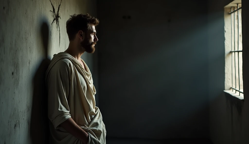 “A male stoic philosopher with a well-proportioned and attractive physique, not excessively muscular. He is wearing classic tunics, slightly transparent, that gently drape over his body, subtly revealing parts of his shoulder, with a very short and well-groomed beard, and wavy, well-stylized hair. He is inspecting a crack in a wall within a dark, shadowy room, his expression serious and contemplative, ready to take action to fix it. The room is dimly lit by faint, natural light filtering through a small, barred window, casting long, dramatic shadows across the scene. The environment feels cold and quiet, with a sense of isolation. The background is textured with deep shadows and muted tones, emphasizing the somber and introspective mood of the scene.”