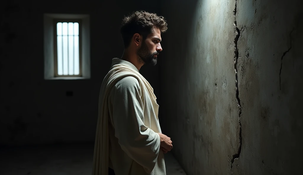 “A male stoic philosopher with a well-proportioned and attractive physique, not excessively muscular. He is wearing classic tunics, slightly transparent, that gently drape over his body, subtly revealing parts of his shoulder, with a very short and well-groomed beard, and wavy, well-stylized hair. He is inspecting a crack in a wall within a dark, shadowy room, his expression serious and contemplative, ready to take action to fix it. The room is dimly lit by faint, natural light filtering through a small, barred window, casting long, dramatic shadows across the scene. The environment feels cold and quiet, with a sense of isolation. The background is textured with deep shadows and muted tones, emphasizing the somber and introspective mood of the scene.”