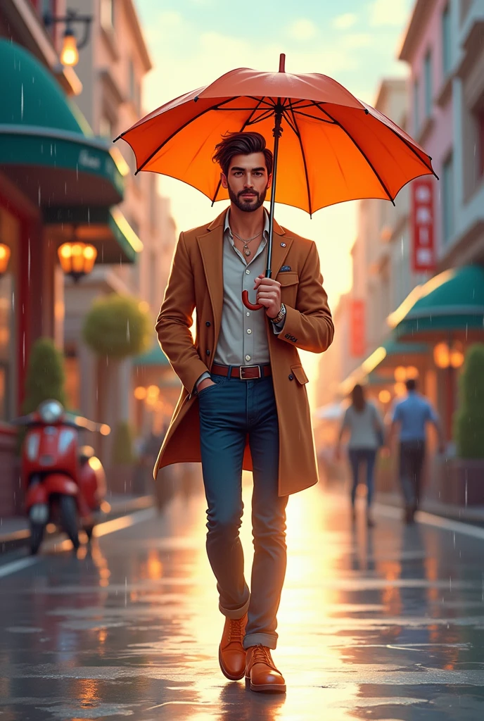 Cartoon ai Rainy evening sunlight sexy man walking with umbrella