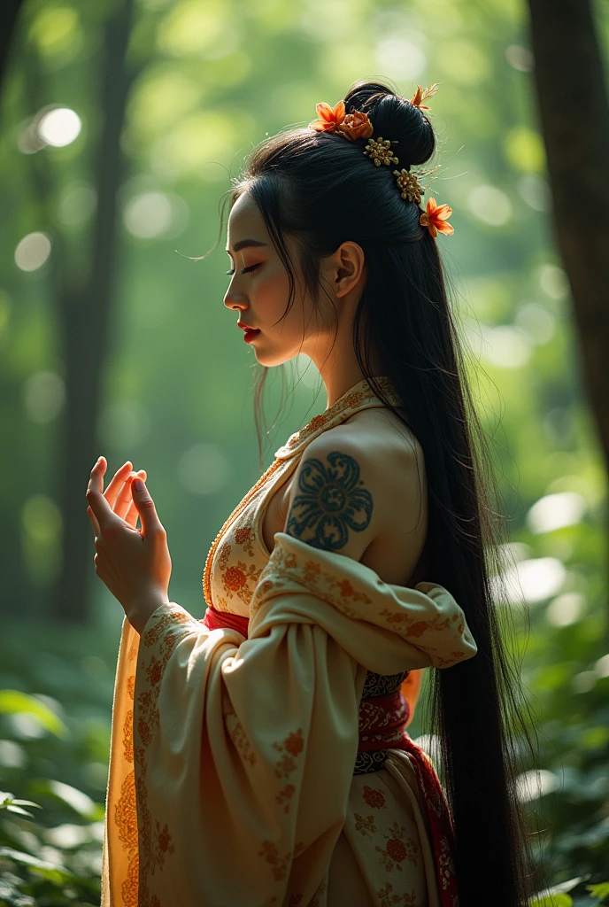 (photorealism:1.2), japanese shamaness young beautiful cute woman black long hair ritual make up, traditional garments, outside nature tattoos historical Japan