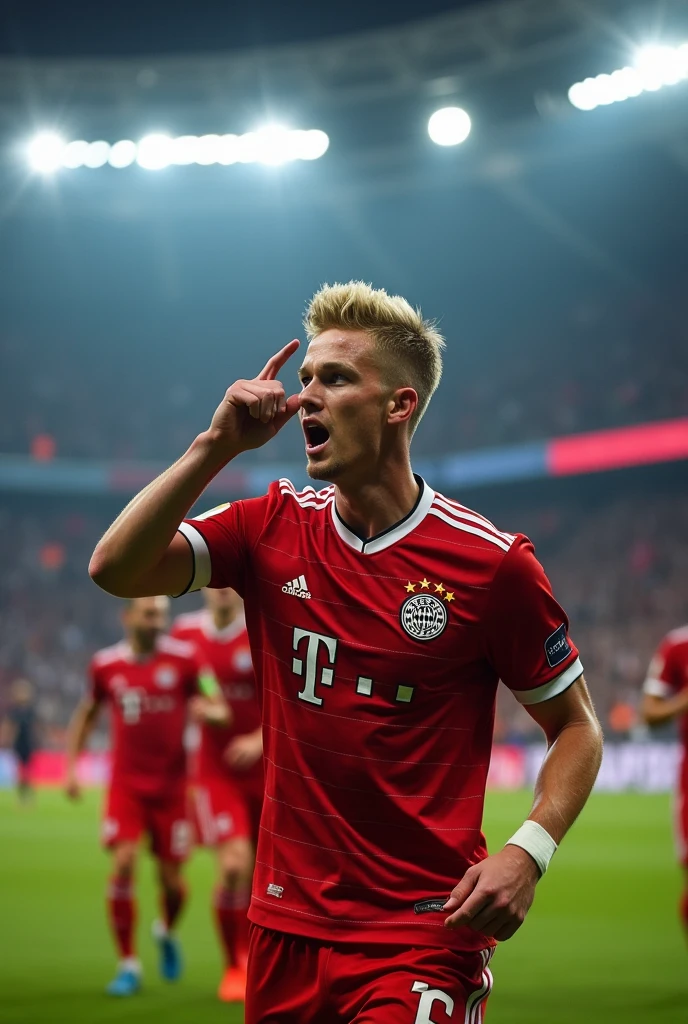Joshua kimmich pointing index finger to his forehead and screaming out of motivation and joy of scoring a goal with his teammates behind him