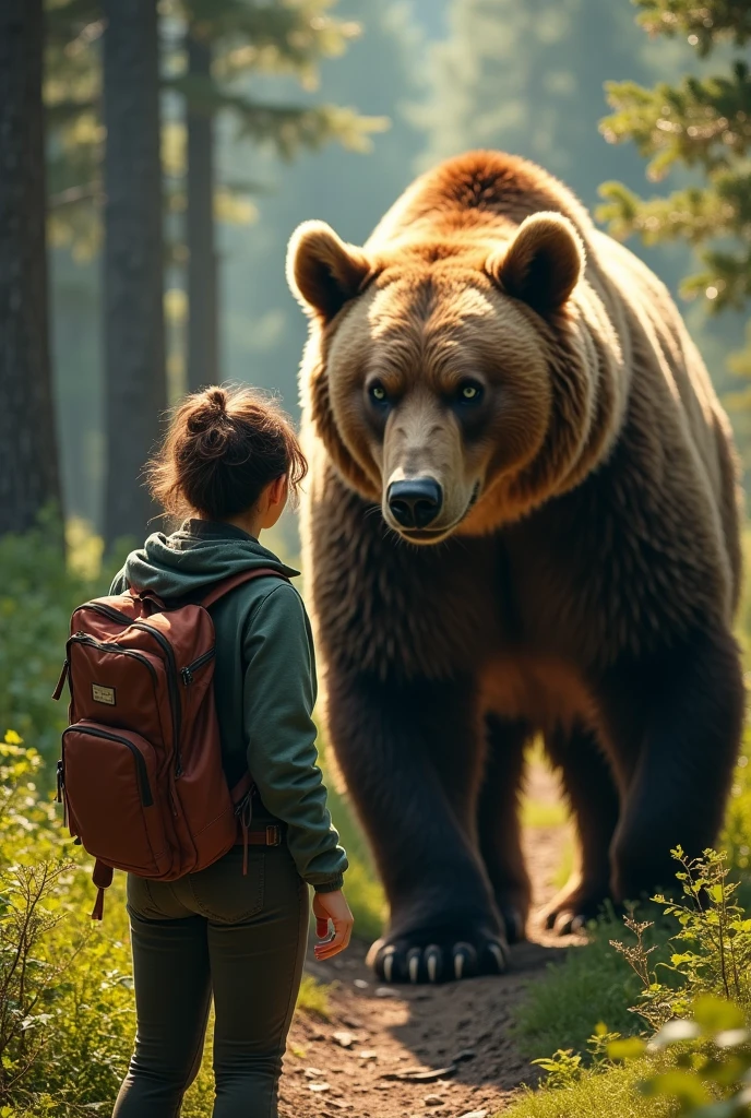 Despite her own fear, Lena stepped forward, speaking softly to the bear while inching them away from its path. The bear, intrigued but not yet aggressive, followed them for a few tense moments. Lena kept her focus on the bear, ensuring it was always between them and the safest route out.