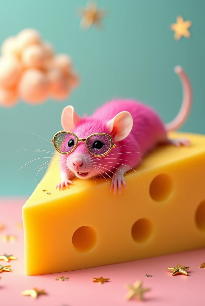 A rat with a face and heavy makeup, lying down on a big cheese 