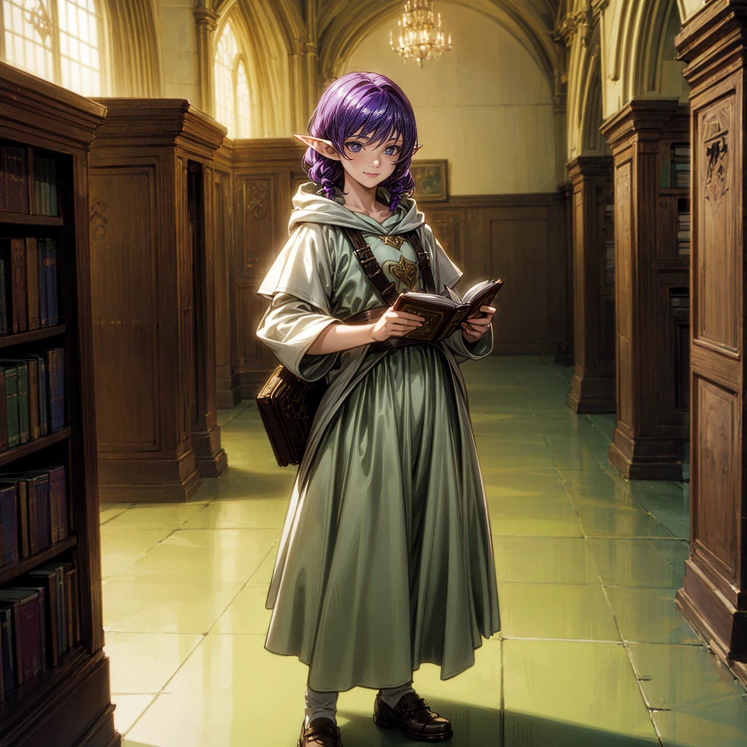 Solo character, full body version, young girl, (elf), blue eyes, purple color hair, long Curly haircut, His hair covered his eyes, brown Hoodie, white long skirt, shoes, indoor, library, town, medieval, detailed background, detailed clothing, detailed hair, standing gesture, (Hunter x Hunter style art), smile mouth, book in hand, medium breast 