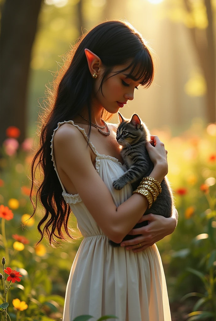 young woman, with black hair, long, with a fringe and thick bangs, with a white bohemian dress with bare shoulders, elf ears and golden bracelets, with her nails painted green, standing in a forest with flowers while beautiful rays of sunlight enter and illuminate her hair, petting a small gray kitten with black stripes