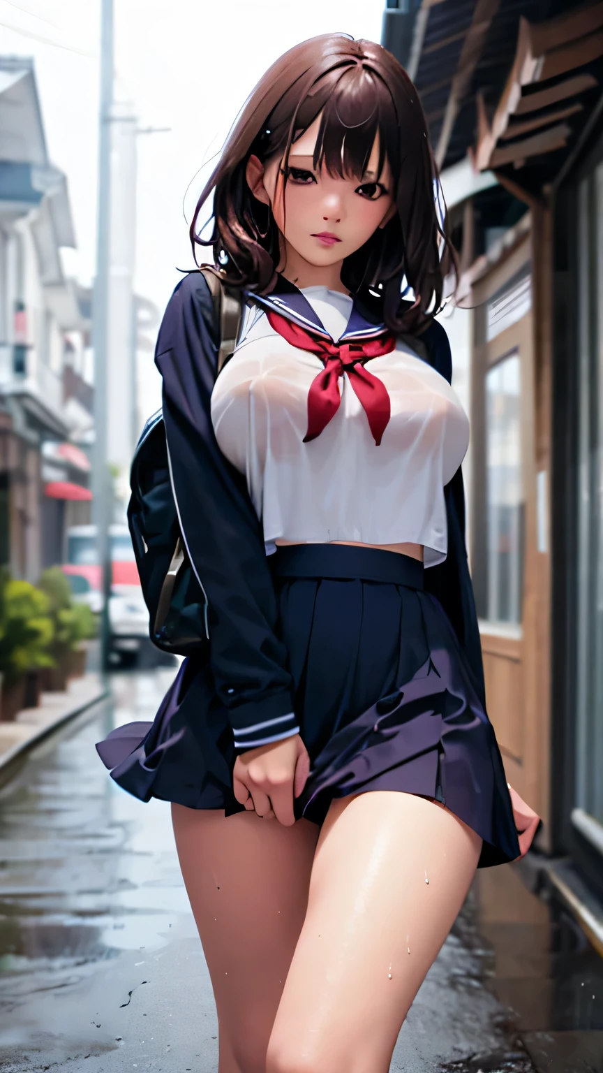 (8k、RAW Photos、Highest quality、masterpiece:1.2)、(Realistic、Realistic:1.37)、Very detailed、Ultra-high resolution、Beautiful and well-proportioned face,Asian,Gal,model, Dark Blonde Long、The skirt is blown up by the wind、Sexy underwear is visible、school uniform(Sailor suit)、Lip gloss（Wet lips)、Big Breasts、beautifully detailed skin、Skin Texture、Professional Lighting、