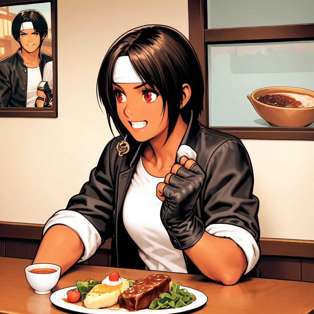 single,woman,short,Black Hair,Dark Skin,Red eyes,(Black jacket with rolled up sleeves),Fingerless gloves,White T-shirt,(White headband),Black trousers,White shoes,Tea belt,cute,Indoor-oriented,Charm,Highest quality,neat face,neat eyes,Confident、Laughing, I am eating Neapolitan food at a restaurant.,busy