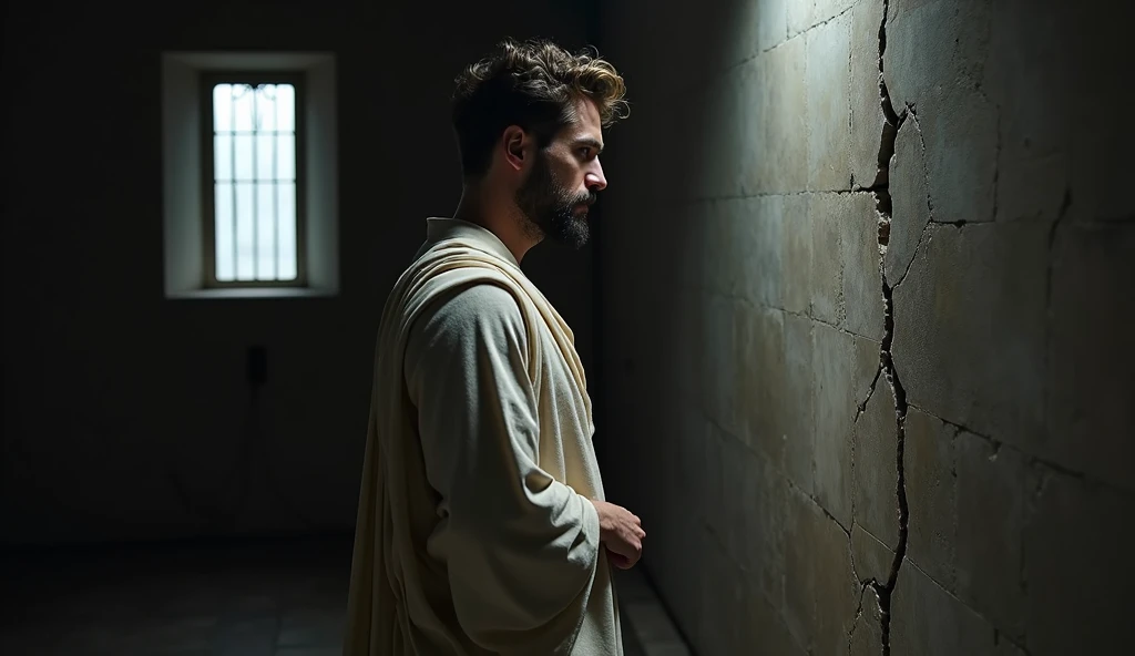 “A male stoic philosopher with a well-proportioned and attractive physique, not excessively muscular. He is wearing classic tunics, slightly transparent, that gently drape over his body, subtly revealing parts of his shoulder, with a very short and well-groomed beard, and wavy, well-stylized hair. He is inspecting a crack in a wall within a dark, shadowy room, his expression serious and contemplative, ready to take action to fix it. The room is dimly lit by faint, natural light filtering through a small, barred window, casting long, dramatic shadows across the scene. The environment feels cold and quiet, with a sense of isolation. The background is textured with deep shadows and muted tones, emphasizing the somber and introspective mood of the scene.”
