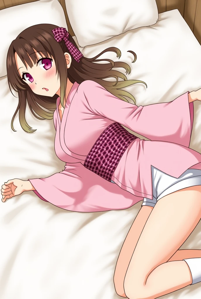 Masterpiece, Best Quality, High Resolution, Venus1, 1Girl, Solo, Tsuko Kamato, Bamboo, Gag, Hair (brown), Plaid Belt, Gag, Gag, Gradient Hair, Hair Ribbon, Haori, Japanese Clothing, Very Short Kimono, showing her ?????????, big ?????, Long Hair, Looking at the Audience, Multicolored Hair, Pink Eyes, Very Short Pink Kimono, showing her bra, Pink Ribbon, Ribbon, Solo, (((Masterpiece)), Forehead, lying on the bed, showing her , ???????, Cute puffing cheeks, seducing, Eyes wide, slim waist, ???? posing, slim tight,