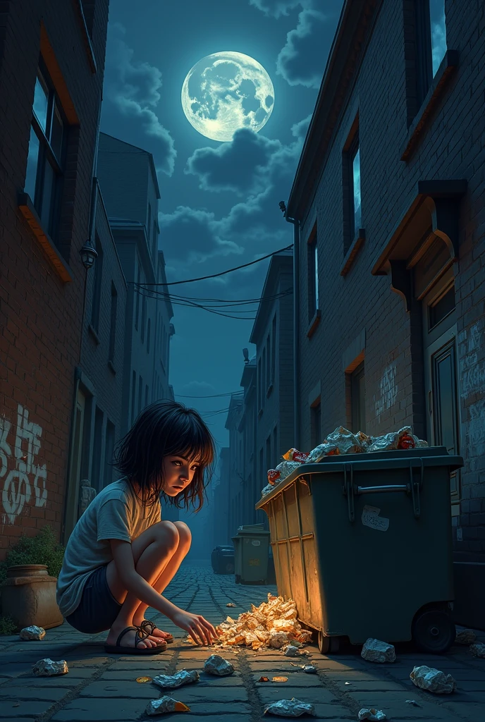 A girl scavenging for food in a dumpster at night