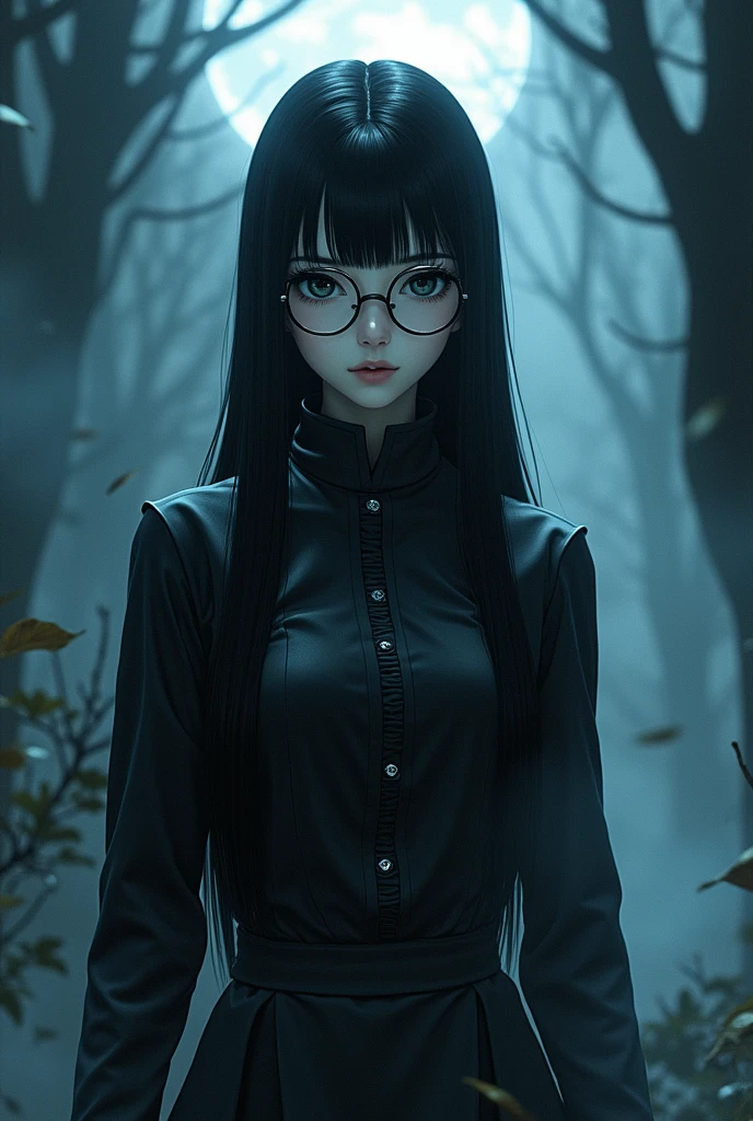 Create a Hashira from Demon Slayer, 20 years old, de 1,65 inches tall and busty, pale white skin, long straight black hair parted in the middle , black eyes, He wears round glasses and black clothes.