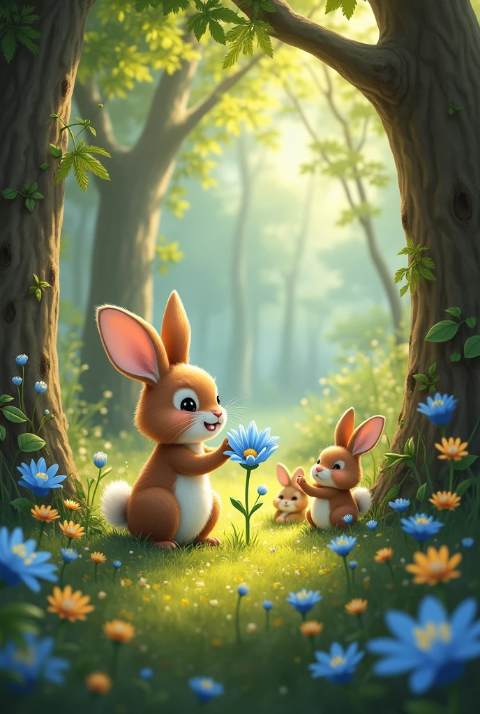 Il était une fois un petit lapin nommé Luna. Luna vivait dans une belle forêt avec beaucoup d’autres animaux. Tous les matins, Luna aimait se promener et découvrir de nouvelles choses. Un jour, en sautillant, Luna trouva une toute  fleur bleue qui n’avait jamais été vue dans la forêt. La fleur avait l’air triste car elle était toute seule.

Luna décida alors de s’occuper de cette  fleur. Elle lui apportait de l’eau tous les jours, lui chantait des chansons et lui racontait des histoires. Petit à petit, la fleur se mit à grandir, ses pétales devenaient de plus en plus brillants, et elle était de moins en moins seule, car de nombreuses autres fleurs commençaient à pousser autour d’elle.

Grâce à Luna, la forêt devint encore plus belle, avec plein de fleurs bleues partout. Les autres animaux de la forêt étaient très contents et venaient souvent voir Luna et ses fleurs pour jouer et se reposer à l’ombre. Luna était très fière de ce qu’elle avait fait, et elle se disait que même un petit lapin pouvait faire de grandes choses en prenant soin des autres.

Et ainsi, la forêt de Luna resta toujours un endroit merveilleux, rempli de couleurs et de joie. Fin.
