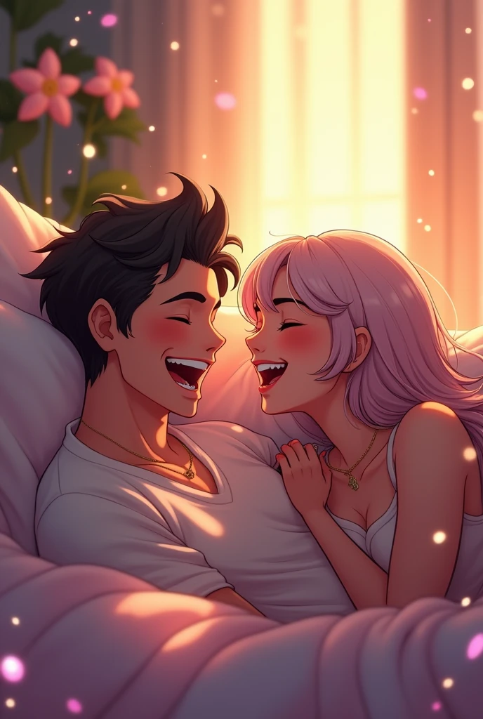 Two beautiful couple is on a bed having fun. The boy and girl are too pretty and handsome. This should be a 3D anime korean picture.