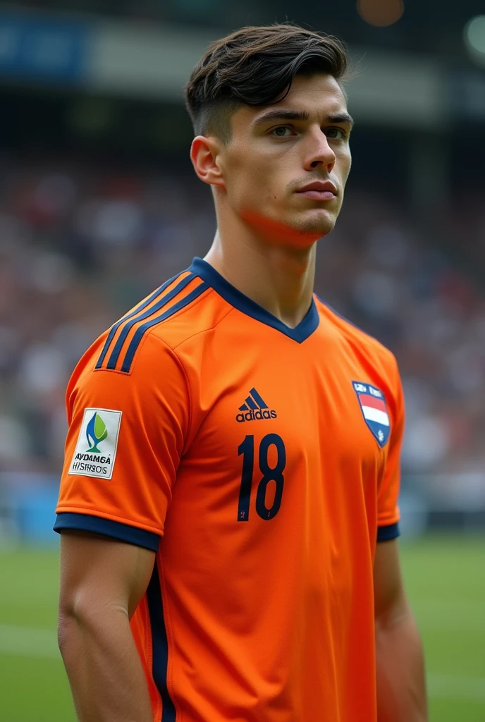 Draw a very handsome young man 18 years old with a Dutch which is dominated by Dutch look, face with the following characteristics: jet black hair with a middle part with thin bangs, bright brown eyes that radiate intelligence and calmness, and white skin like european and strong Physique. Draw him wearing the Dutch Orange jersey, complete with the official design and back number. His body should look well-trained, highlighting strong and flexible muscles. Show a confident and humble expression, as if he is preparing to compete on the field. Focus on the details of the face and the elements of the jersey to create a realistic and dynamic look."