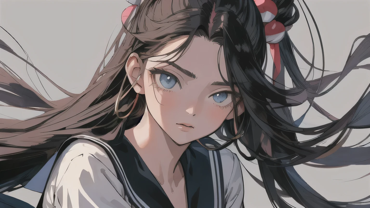 (masterpiece, Highest quality), 80s anime style, A girl with long hair and a bad look in her eyes., Sailor suit, High contrast