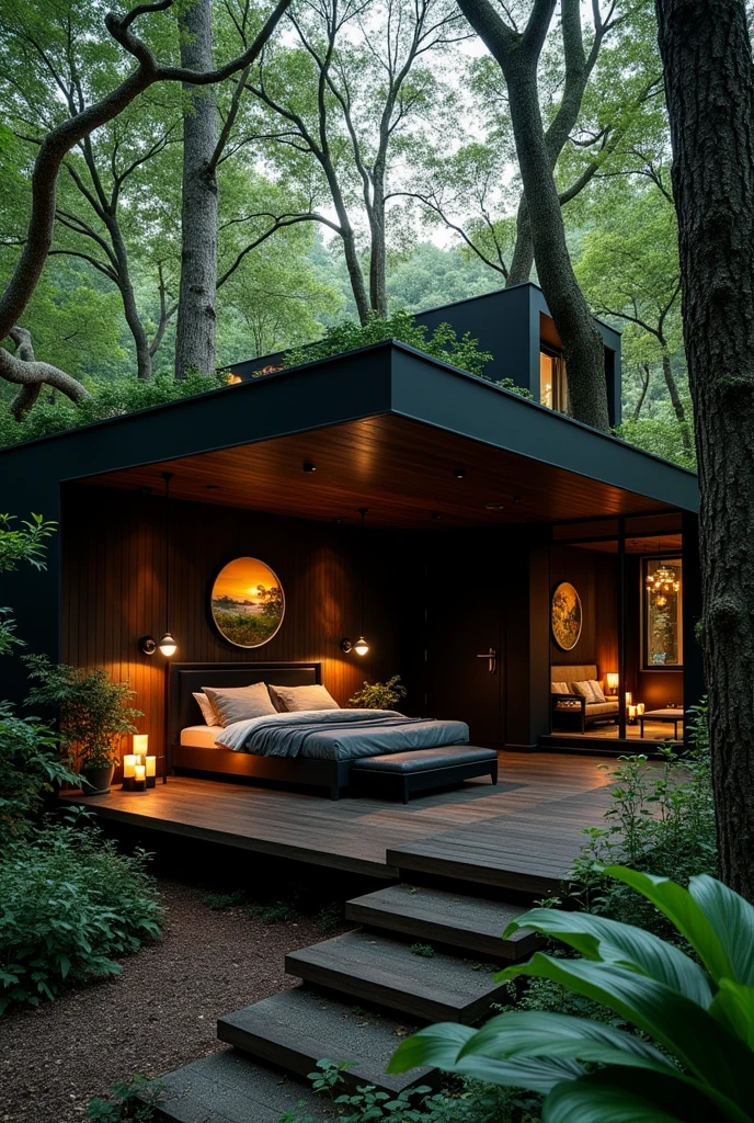 Create a super beautiful bedroom for me, which is secluded in the forest in a dark black house that should look super beautiful? with candles, pictures, some plants and kept beautifully black and modern