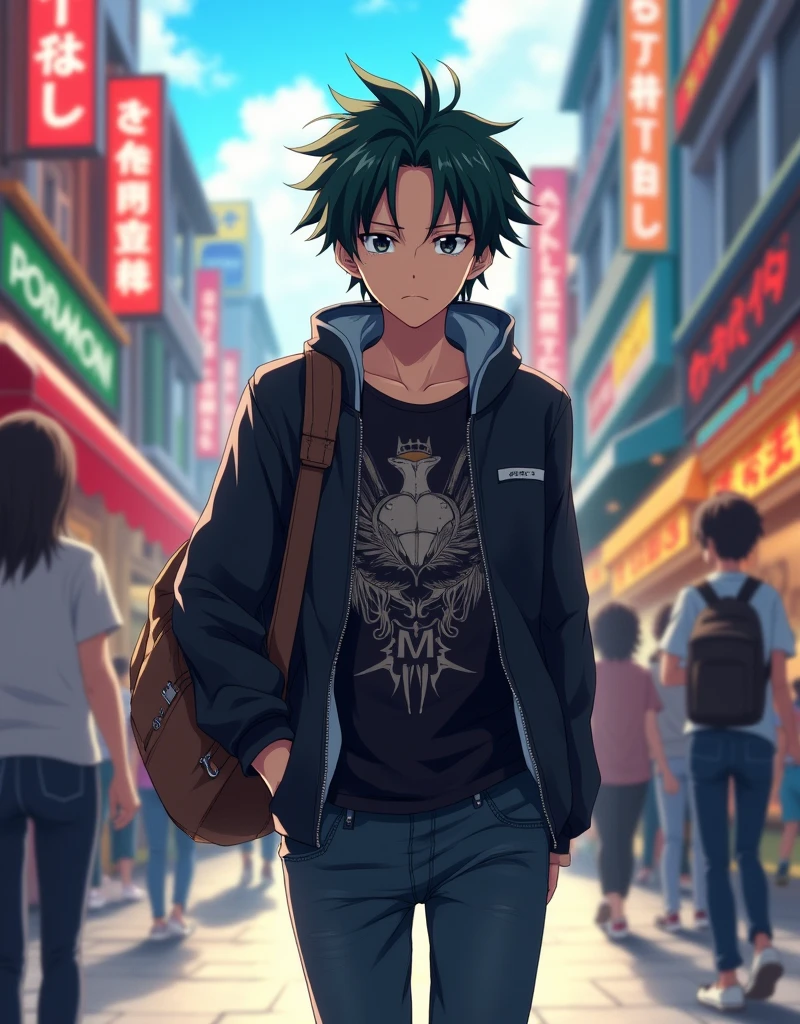 1 boy, teenager, stylish clothes, character Mikaela Hyakuya from the anime Owari No Seraph, full body, walking down the street, background of buildings and stores