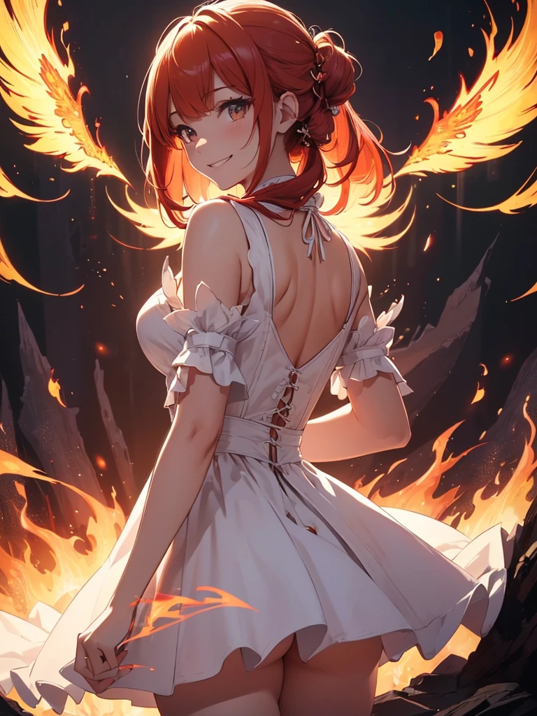 (((best quality, sharp image, clear image, cinematic lighting, 8k resolution, masterpiece, ultra detailed, intricate))) Girl, (((looking over left shoulder))), (shot from behind), ((shot from hip up)), fiery red hair, pigtails, ((white dress)), ((flaming sigils, flaming runes)), spiky rock formations, (flaming lotus flowers frame), (intricate background), ((Phoenix)), (swirling flames), smiling