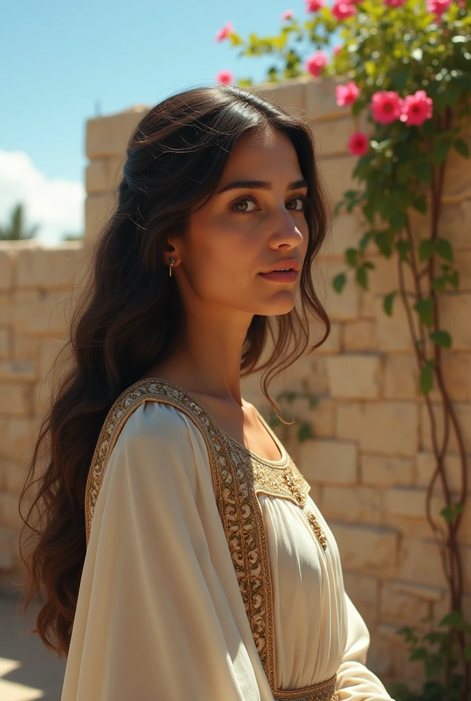 She is dressed in simple and modest clothing, typical of the Middle Eastern region (unadorned) tunics and cloaks of natural colors. (The sea is in the background of the image.) Biblical style. (Optional: Add a serene, gentle expression to Mary's face to emphasize her grace and compassion.)