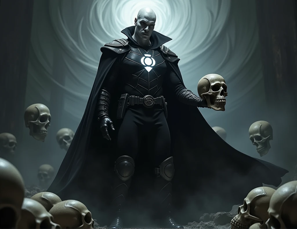 1man, white man, black helmet, villain, evil, glowing black lantern insignia, metal parts, black cape, armor gi, black boots, holding a skull, skulls background