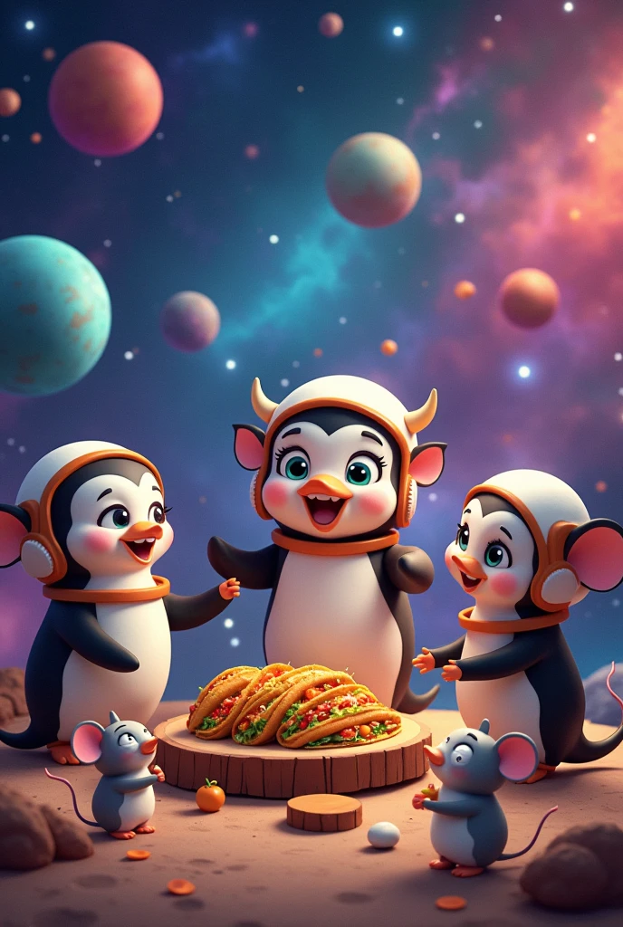 Generate animated penguins, Animated cows and animated mice eating tacos in outer space