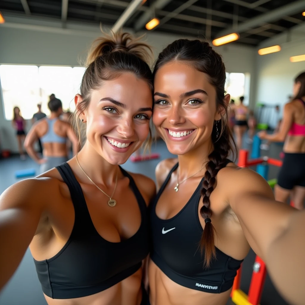 Brunette Instagram influencer, taking a selfie with a friend at the gym, small Nike logo on sport bra, using an iPhone 15 Pro Max, cute smile, working out, a couple people in background