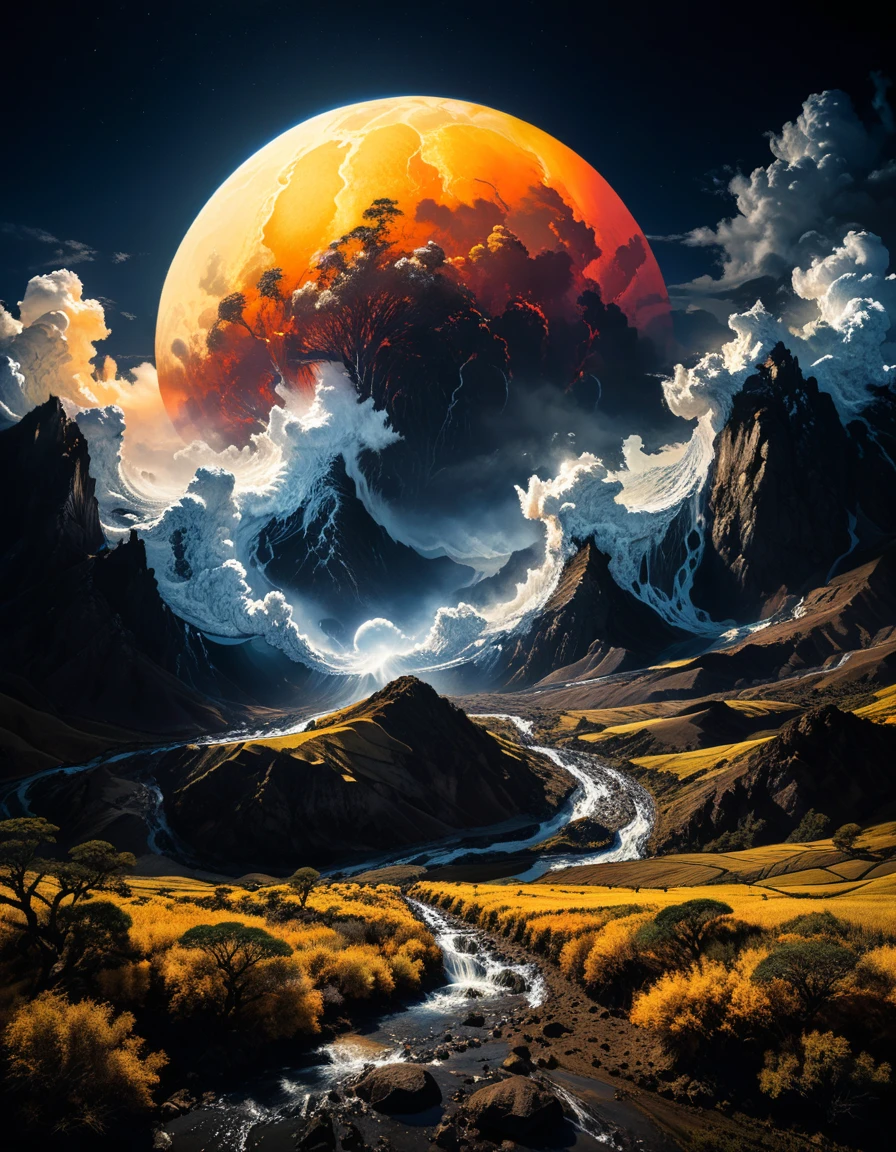 professional photograph of a illuminated and epic landscape by Katsuhiro Otomo and Fred Stein and yousuf karsh , bold lines, hyper detailed, dark limited palette, dramatic lighting, (intricate details, masterpiece, best quality:1.4),