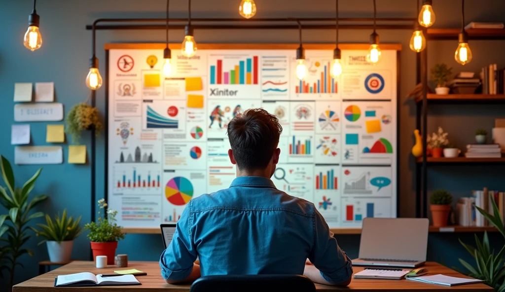 A creative workspace where a single entrepreneur is brainstorming business ideas. The scene features a large whiteboard or digital screen filled with diagrams, keywords, and sketches of potential business concepts. The entrepreneur, who is casually dressed, is sitting at a desk surrounded by sticky notes, a notebook, and a laptop, with a thoughtful expression. Above the workspace, lightbulbs are illuminated, symbolizing the generation of innovative ideas. The background subtly hints at success with symbols like a dollar sign and upward arrows, representing the potential of these ideas leading to a million-dollar business. The atmosphere is dynamic and inspiring, with a focus on creativity and innovation.