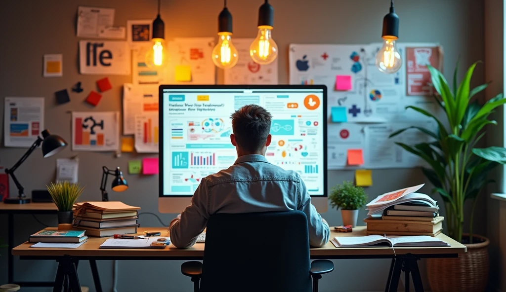 A creative workspace where a single entrepreneur is brainstorming business ideas. The scene features a large whiteboard or digital screen filled with diagrams, keywords, and sketches of potential business concepts. The entrepreneur, who is casually dressed, is sitting at a desk surrounded by sticky notes, a notebook, and a laptop, with a thoughtful expression. Above the workspace, lightbulbs are illuminated, symbolizing the generation of innovative ideas. The background subtly hints at success with symbols like a dollar sign and upward arrows, representing the potential of these ideas leading to a million-dollar business. The atmosphere is dynamic and inspiring, with a focus on creativity and innovation.
