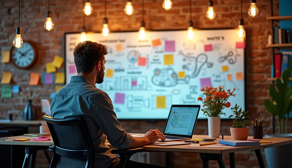 A creative workspace where a single entrepreneur is brainstorming business ideas. The scene features a large whiteboard or digital screen filled with diagrams, keywords, and sketches of potential business concepts. The entrepreneur, who is casually dressed, is sitting at a desk surrounded by sticky notes, a notebook, and a laptop, with a thoughtful expression. Above the workspace, lightbulbs are illuminated, symbolizing the generation of innovative ideas. The background subtly hints at success with symbols like a dollar sign and upward arrows, representing the potential of these ideas leading to a million-dollar business. The atmosphere is dynamic and inspiring, with a focus on creativity and innovation.
