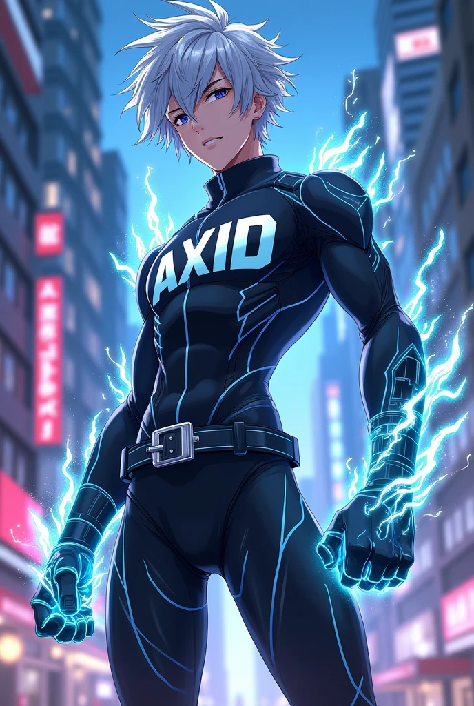 A anime boy with super power, his name "AXID" is written in style on his outfit. He is a cool super hero, blue flame coming from his eyes,he looks attractive in anime stylish hair.