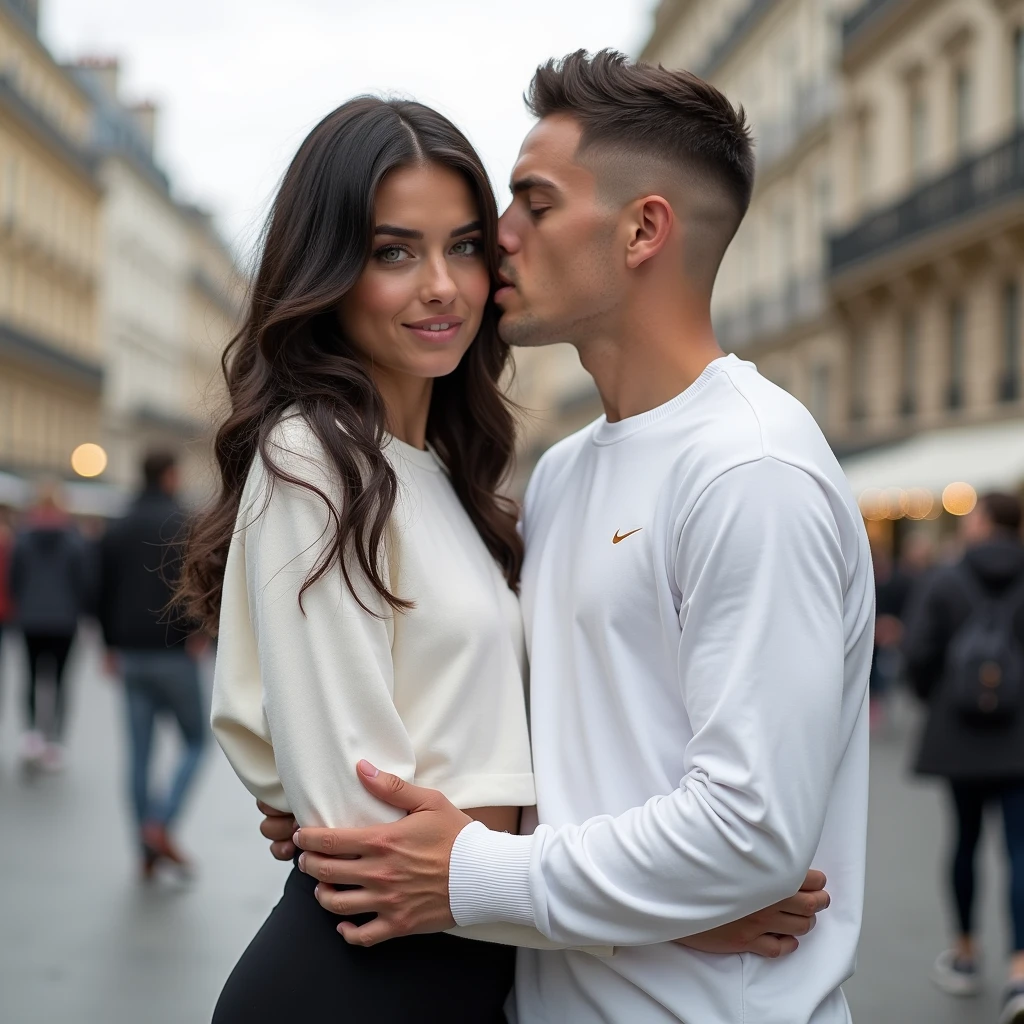 Un couple. La fille a les cheveux longs et très lisse cheveux noirs au yeux verts, elle un pull long blanc et un legging noir elle a des grosses fesses, elle est très maquiller. Le garçon a les cheveux bruns sa coupe c’est une buzz cut, il a les yeux marrons il porte un haut nike blanc et un survet nike noir. Sur la photo il se font un bisou sur la bouche et le garçon à ses mains sur les fesses de la fille et le fond c’est paris