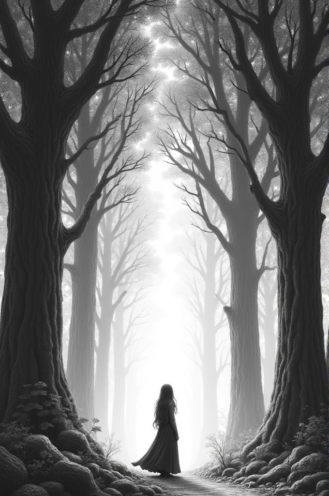 crie uma imagem em preto e branco, drawing style, of a in front of a big forest.