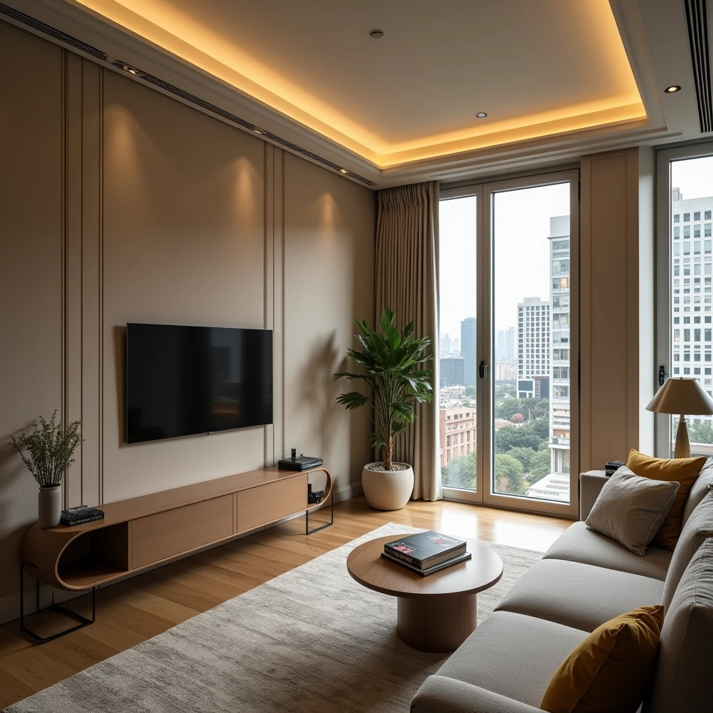 A room with a sofa near the TV 