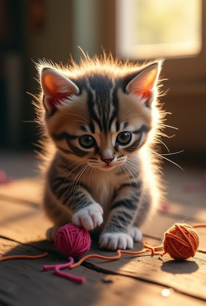 Sad kitten ultra realistic image playing on the floor
