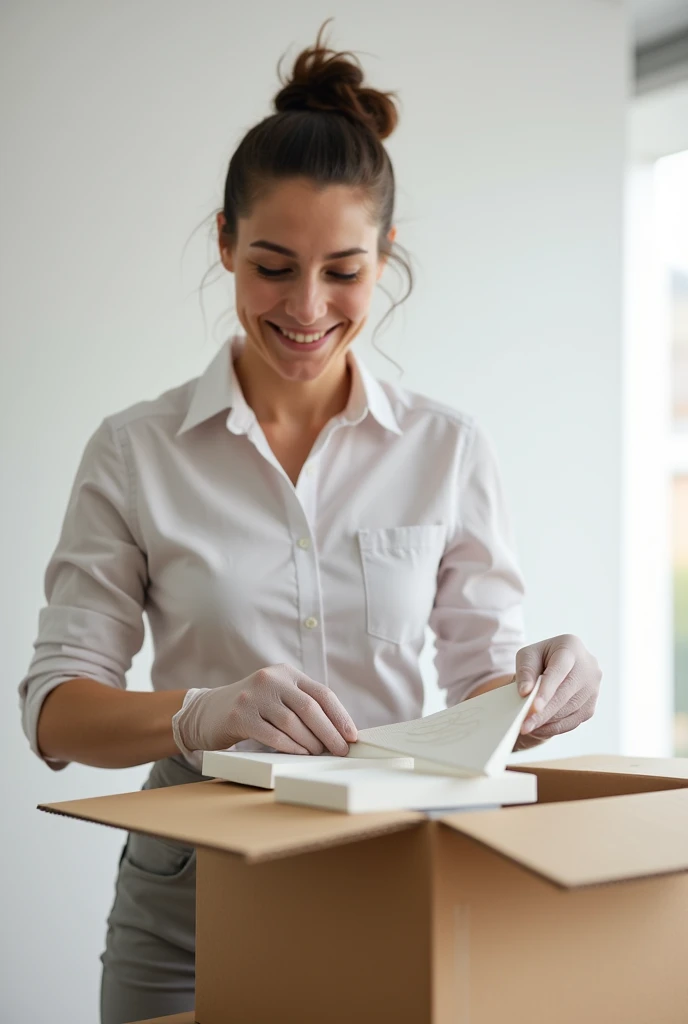 A smiling employee, with semi-formal clothing and gloves, carefully packing a product into a cardboard box . White background, natural lighting, Minimalist style."
variations: "behind the scenes: expert hands packing a fragile product with cushioning material. foreground, focus on details.